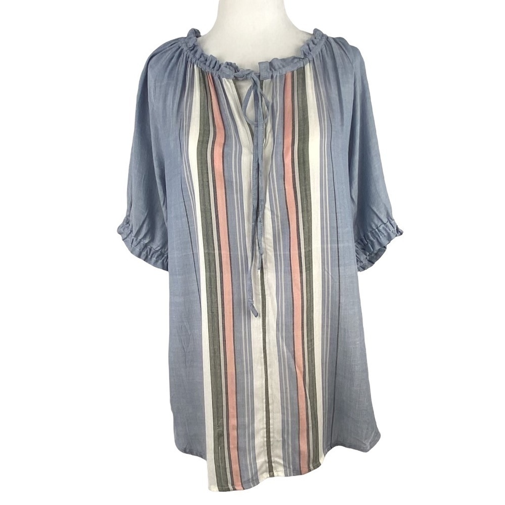 𝅺nwot DYLAN BY‎ TRUE GRIT CHAMBRAY STRIPED BLOUSE KEYHOLE RUFFLE NECK